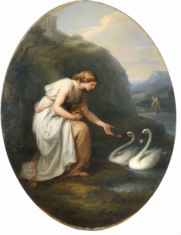 Immortalia, the nymph of immortality, receiving nameplates from two swans,Angelica Kauffmann,Oil Painting