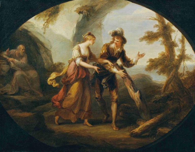 Miranda und Ferdinand,미란다와 페르디난드,Angelica Kauffmann,안젤리카 카우프만,오일 페인팅,오일 페인팅, 미술 패러디, 나무, 가짜 전통 미디어, 여자 1명