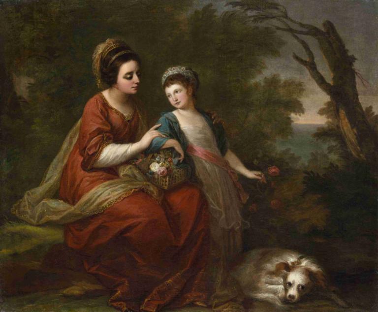 Mrs. Hugh Morgan and Her Daughter,휴 모건 부인과 딸,Angelica Kauffmann,안젤리카 카우프만,오일 페인팅,오일 페인팅, 미술 패러디, 꽃, 여러 여자