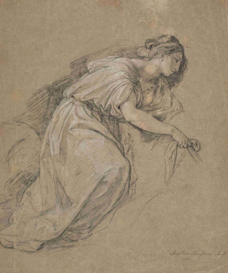 Study from life of a kneeling woman in profile,跪姿女性侧面素描,Angelica Kauffmann,安吉丽卡-考夫曼,素描,素描, 1个女孩, 独奏, 一边, 说谎