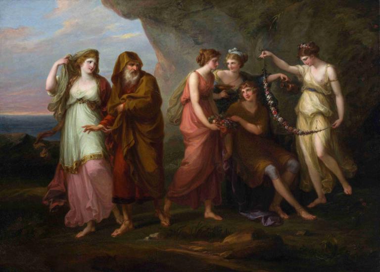 Telemachus and The Nymphs of Calypso,Angelica Kauffmann,Oil Painting,Oil Painting, fine art parody, parody