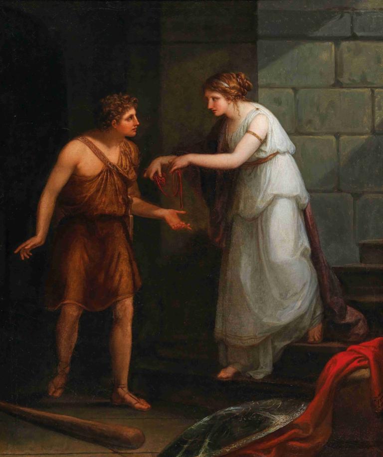 Theseus and Ariadne,Angelica Kauffmann,Oil Painting,Oil Painting, fine art parody, 1girl, 1boy, brown hair