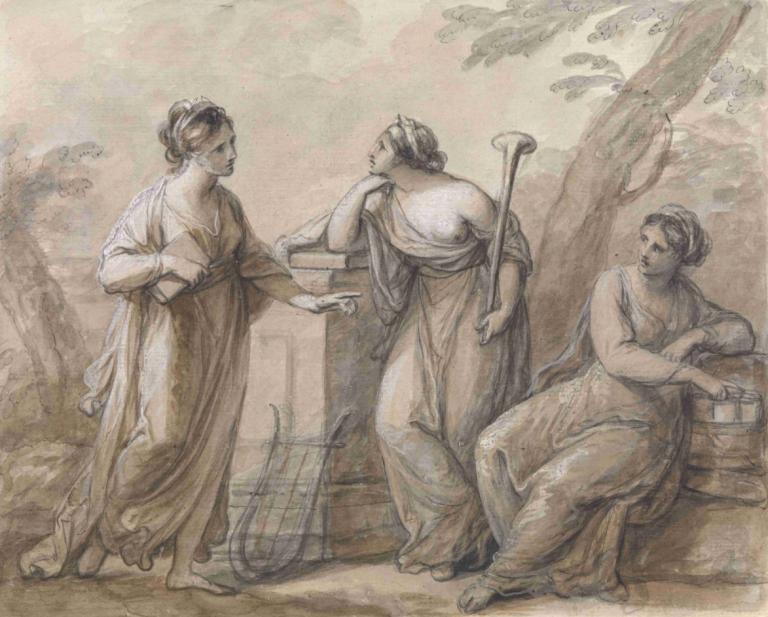 Three muses in conversation,Angelica Kauffmann,Sketch,Sketch, fine art parody, instrument, multiple girls