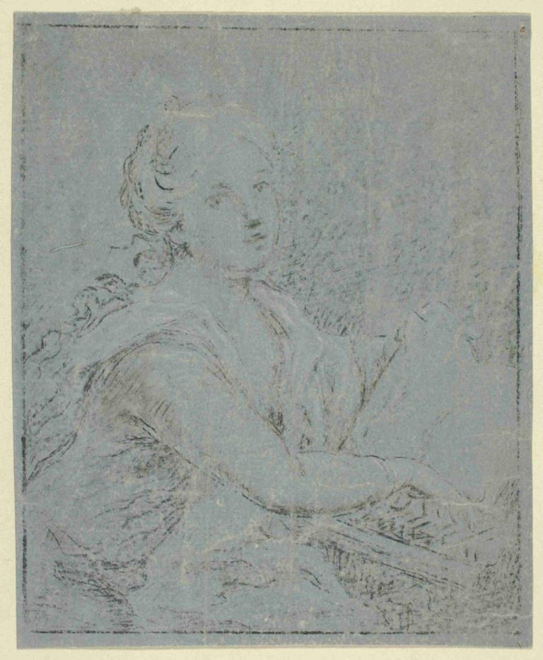 Woman at Spinet,纺车上的女人,Angelica Kauffmann,安吉丽卡-考夫曼,素描,素描, 独奏, 单色, 1男孩, 男性焦点, 传统媒体, 边界, 上半身