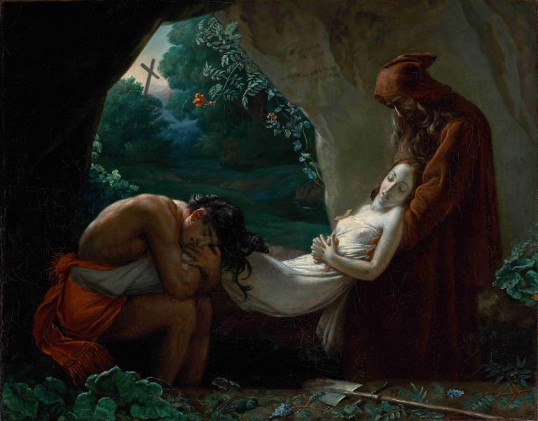 Burial of Atala,Anne Louis Girodet-Trioson,Oil Painting,Oil Painting, fine art parody, black hair, nature