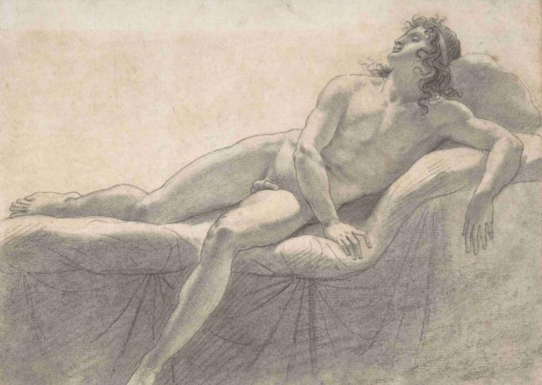 Male Nude Reclining on a Divan,ディヴァンに横たわる男性ヌード,Anne Louis Girodet-Trioson,アンヌ・ルイ・ジロデ＝トリオソン,スケッチ,スケッチ, 男性の焦点