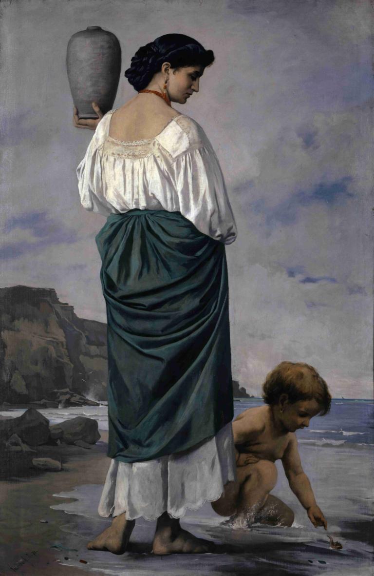 At The Beach, Fisher Maiden In Antium,Anselm Feuerbach,Oil Painting,Oil Painting, 1girl, fine art parody