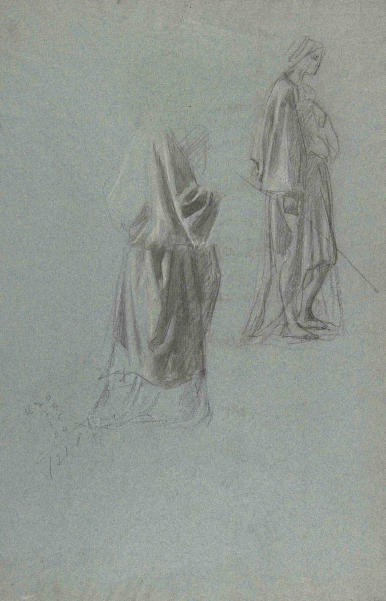 Drapery Studies,Anselm Feuerbach,Sketch,Sketch, monochrome, 1boy, 1girl, traditional media, robe, cloak