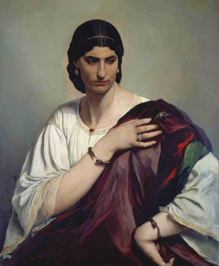 Lucrezia Borgia, Portrait of a Roman woman in white tunic and red robe,Anselm Feuerbach,Oil Painting