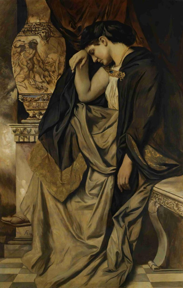 Medea,Anselm Feuerbach,Öljymaalaus,Öljymaalaus, 1 poika, miehen keskittyminen, patsas, mustat hiukset, kaapu