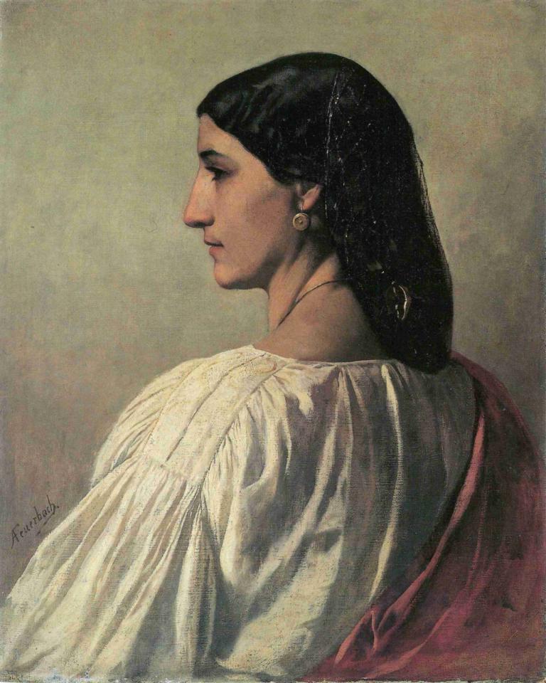 Nanna,Anselm Feuerbach,Oil Painting,Oil Painting, 1girl, solo, jewelry, black hair, earrings, realistic