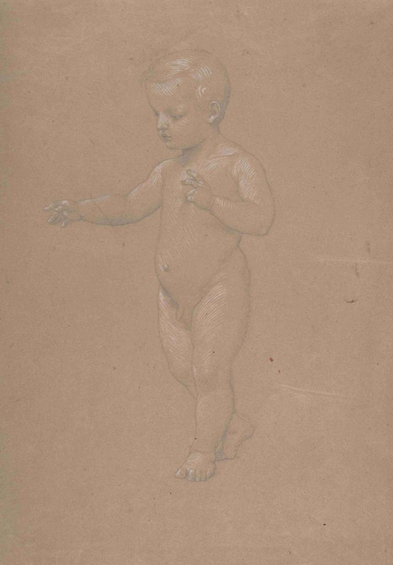 Nude Boy, Walking to the Left,Anselm Feuerbach,Sketch,Sketch, solo, 1boy, male focus, nude, monochrome, penis