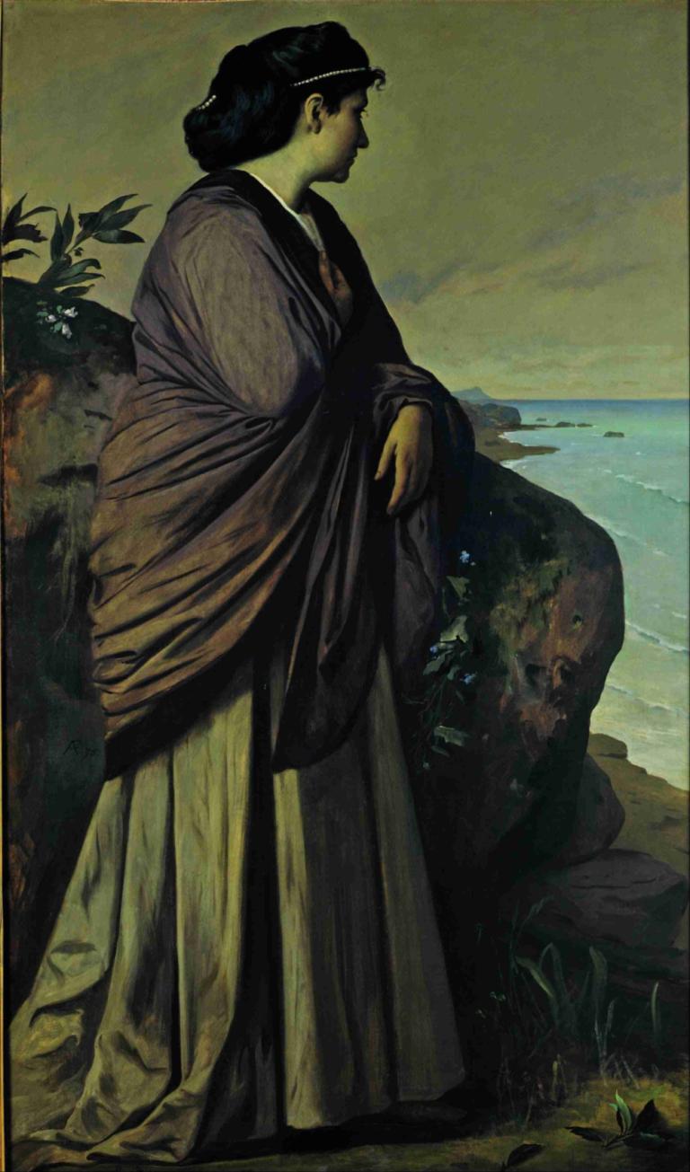 On the Seashore,Anselm Feuerbach,Oil Painting,Oil Painting, solo, black hair, fine art parody, rock, 1girl