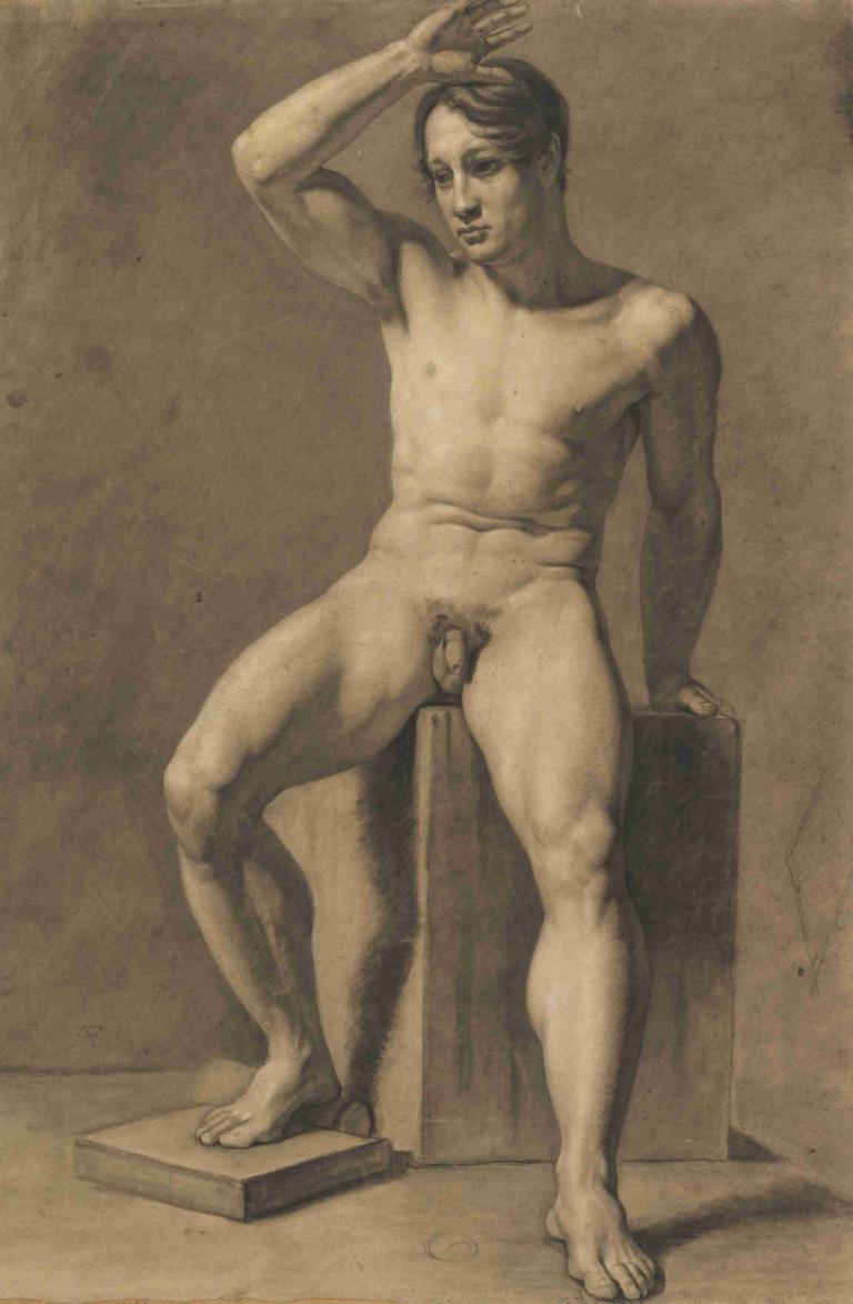 Seated Male Nude,Pria Duduk Telanjang,Anselm Feuerbach,Sketsa,Sketsa, fokus pria, solo, 1 anak laki-laki