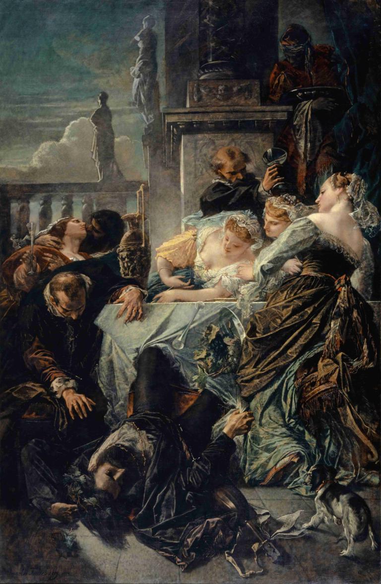 The Death Of Pietro Aretino,Śmierć Pietro Aretino,Anselm Feuerbach,Obraz olejny,Obraz olejny, parodia sztuki