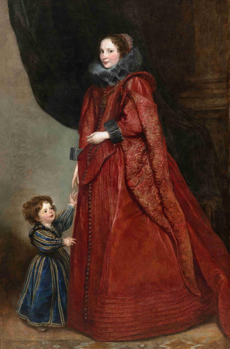 A Genoese Lady with Her Child,Anthony van Dyck,Oil Painting,Oil Painting, brown hair, dress, 2girls