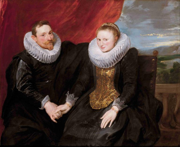 A Married Couple,Anthony van Dyck,Oil Painting,Oil Painting, 1girl, fine art parody, 1boy, facial hair