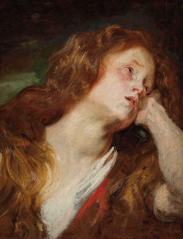 A young woman resting her head, probably the Penitent Magdalene,頭を休める若い女性、おそらく懺悔するマグダラの女,Anthony van Dyck