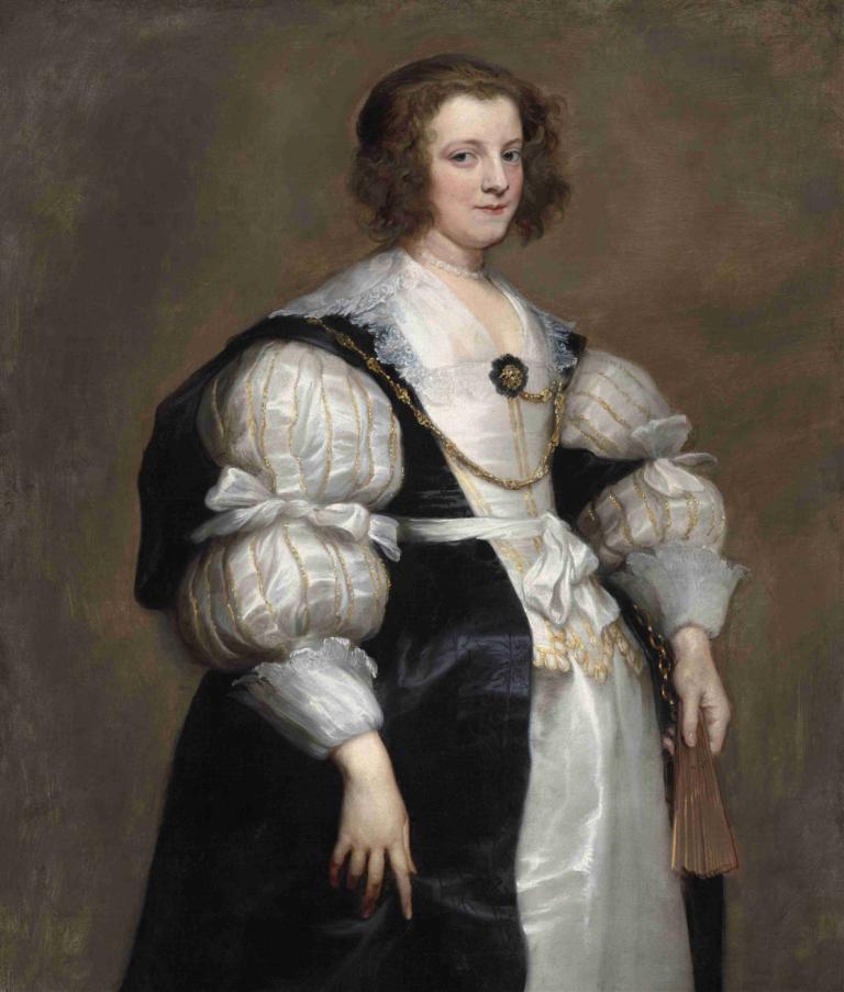 Lady with a Fan,Anthony van Dyck,Oil Painting,Oil Painting, solo, fine art parody, 1girl, necklace, dress