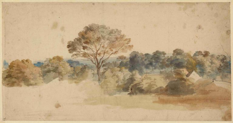 Landscape,Anthony van Dyck,Watercolor,Watercolor, tree, no humans, outdoors, border, scenery