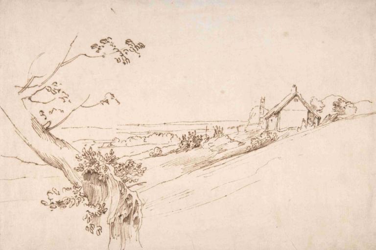 Landscape with a Gnarled Tree and a Farm,Anthony van Dyck,Sketch,Sketch, tree, monochrome, no humans, scenery