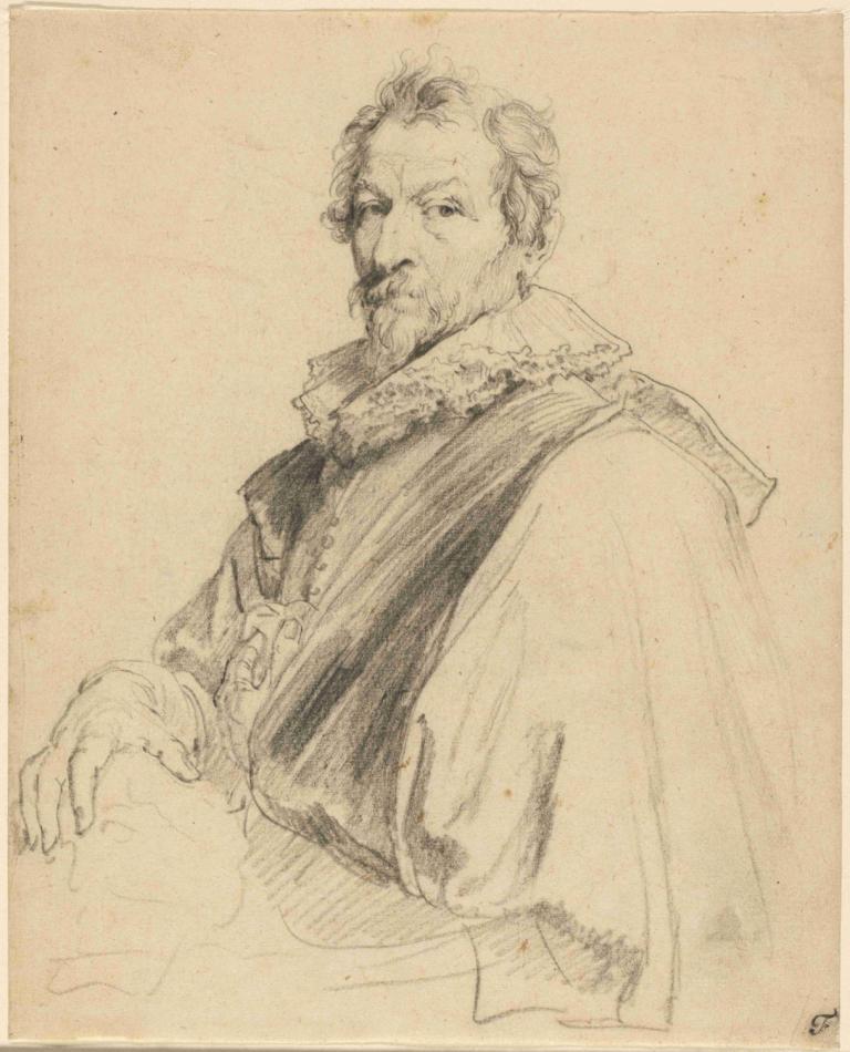 Portrait of Hendrick van Balen,Anthony van Dyck,Sketch,Sketch, 1boy, male focus, solo, facial hair