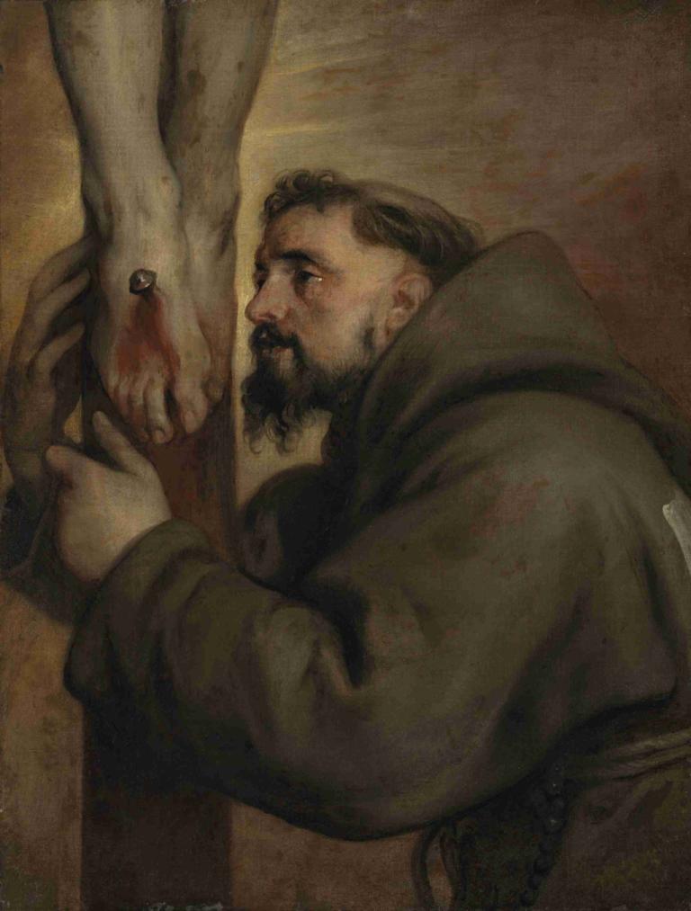 Saint Francis of Assisi at the foot of the Cross,十字架下的圣方济各,Anthony van Dyck,安东尼-凡-戴克,油画,油画, 胡子, 胡须, 男性焦点, 哭