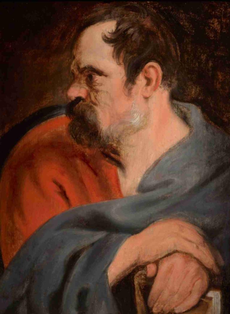 Saint Matthias,圣马提亚斯,Anthony van Dyck,安东尼-凡-戴克,油画,油画, 1男孩, 男性焦点, 独奏, 胡子, 胡子, 胡须, 棕色的头发, 杯子, 保持, 美术模仿