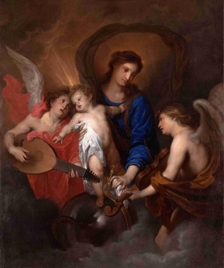 Virgin and Child with Music-Making Angels,圣母子与音乐天使,Anthony van Dyck,安东尼-凡-戴克,油画,油画, 美术模仿, 戏仿, 乐器, 天使, 翅膀