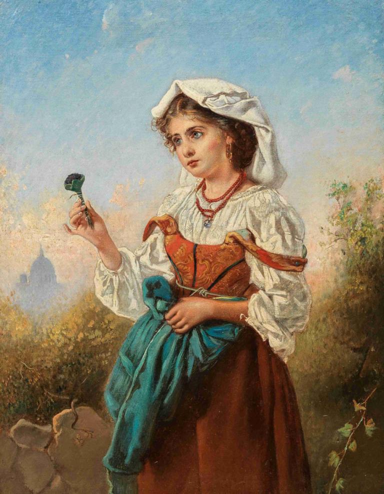 An Italian Violet Seller, With Rome In The Background,Anton Romako,Oil Painting,Oil Painting, 1girl, solo