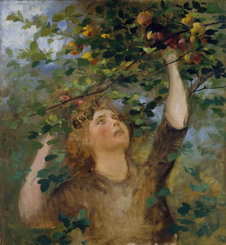 Apfelpflückendes Mädchen,Anton Romako,Oil Painting,Oil Painting, looking up, solo, fruit, food, branch