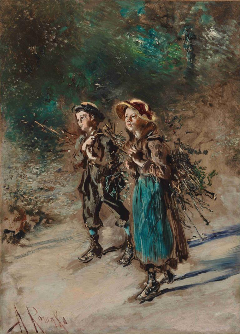 Children with Brushwood,Anton Romako,Oil Painting,Oil Painting, hat, 1girl, 1boy, signature, gun, weapon