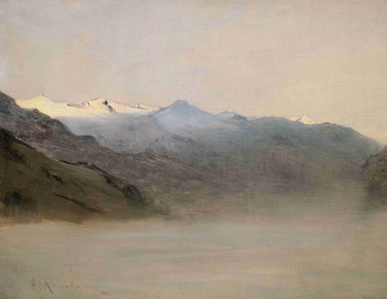 Das Gasteinertal im Nebel,Anton Romako,Oil Painting,Oil Painting, scenery, outdoors, mountain, solo, 1girl