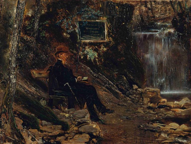 Der Schriftsteller Hermann Rollett am Wasserfall,El escritor Hermann Rollett en la cascada,Anton Romako