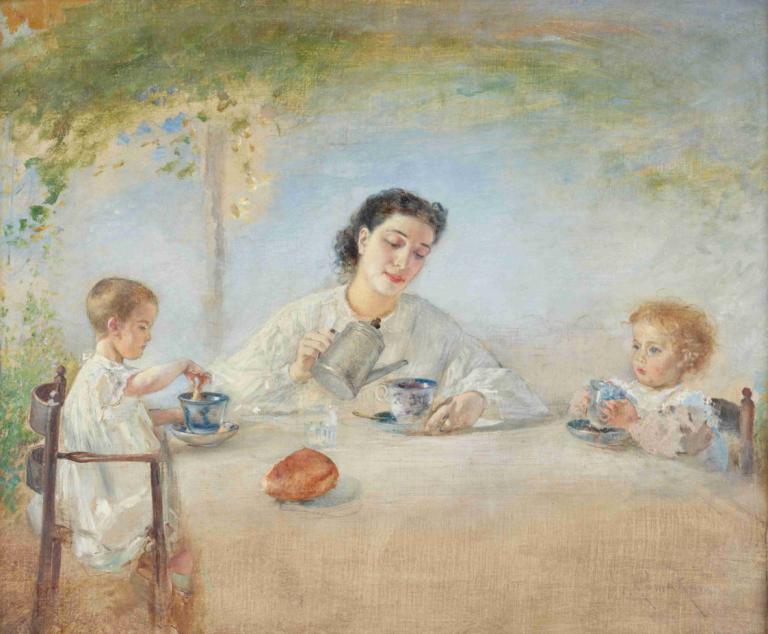 Die Familie des Künstlers beim Frühstück,Anton Romako,Watercolor,Watercolor, table, cup, chair