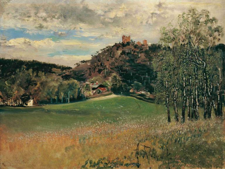 Die Meiereiwiese in der Vorderbrühl mit der Ruine Mödling,Anton Romako,Oil Painting,Oil Painting, scenery