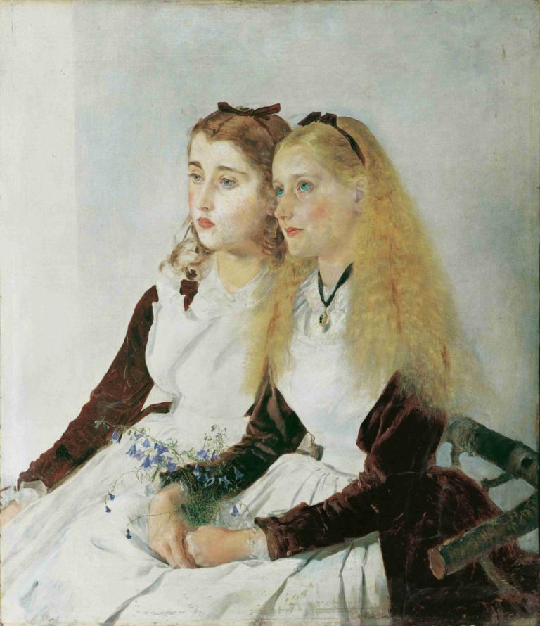 Die Nichten des Künstlers, Elisabeth und Maja,Anton Romako,Watercolor,Watercolor, multiple girls, 2girls