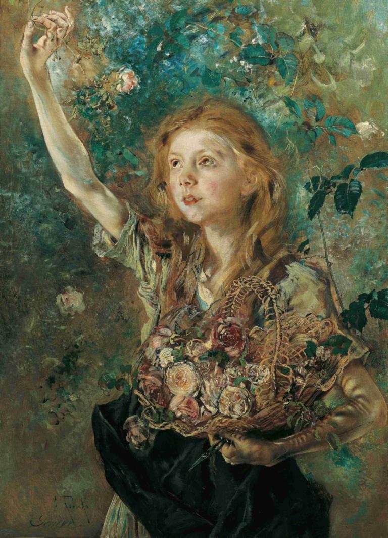 Die Rosenpflückerin,El recolector de rosas,Anton Romako,Pintura al óleo,Pintura al óleo, 1 chica, solo