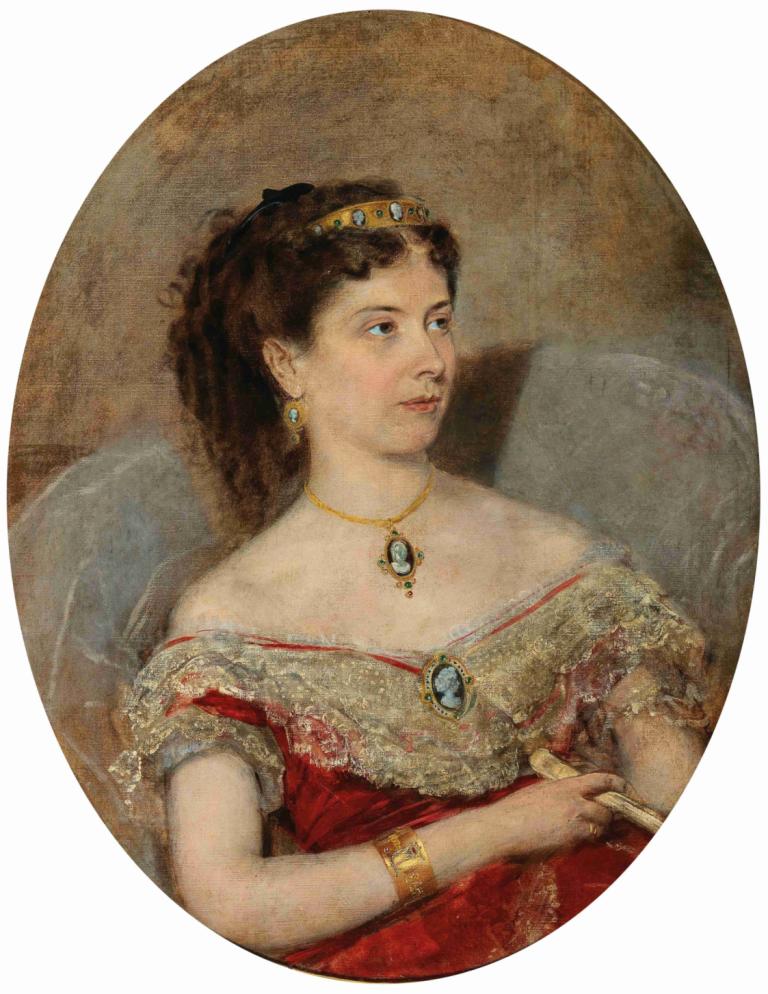 Fürstin Maria von Stackelberg,Anton Romako,Oil Painting,Oil Painting, 1girl, jewelry, solo, necklace