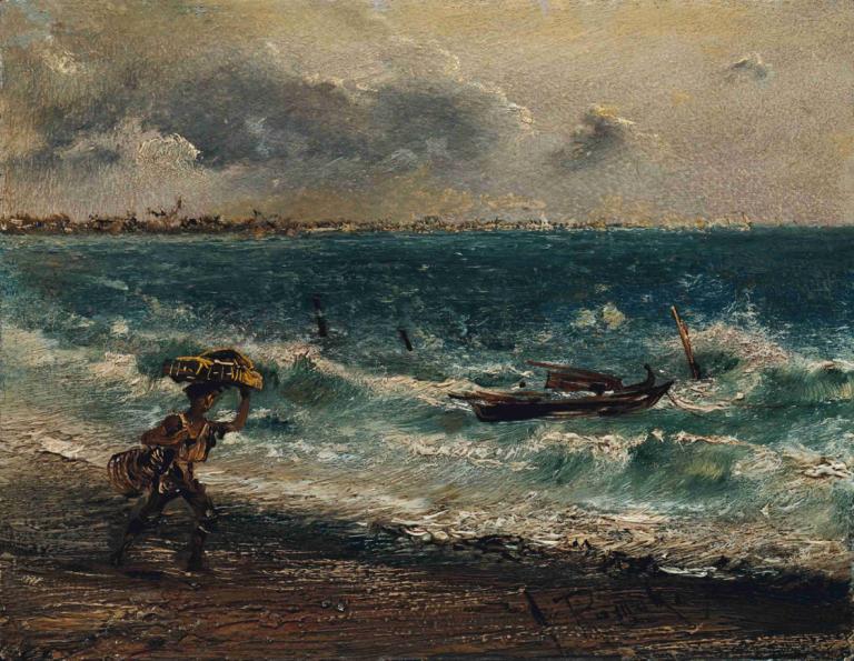 Fischerknabe am Meeresstrand,Anton Romako,Oil Painting,Oil Painting, ocean, watercraft, traditional media