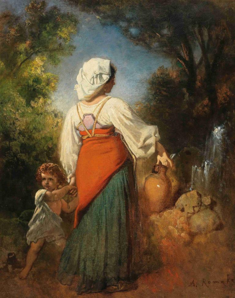 Italienerin mit Kind am Brunnen,Mujer italiana con niño en la fuente,Anton Romako,Pintura al óleo