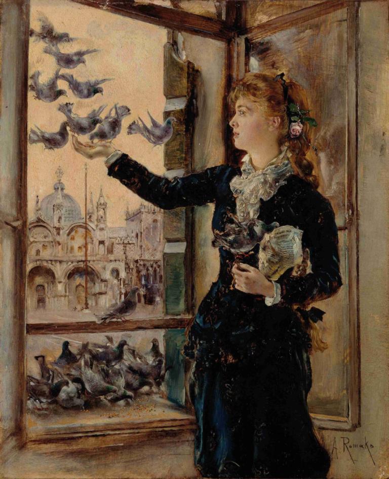 Mädchen an einem Fenster zum Markusplatz, Tauben fütternd,Anton Romako,Oil Painting,Oil Painting, 1girl