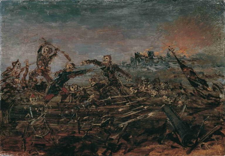 Totentanz auf dem Schlachtfeld vor brennenden Ruinen,Anton Romako,Oil Painting,Oil Painting, multiple boys