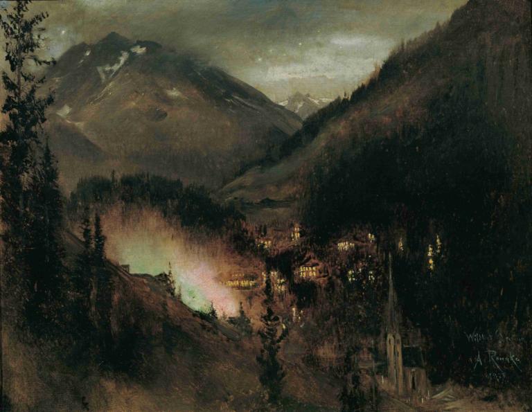 Wildbad Gastein am Abend (bei bengalischer Beleuchtung),Anton Romako,Oil Painting,Oil Painting, scenery