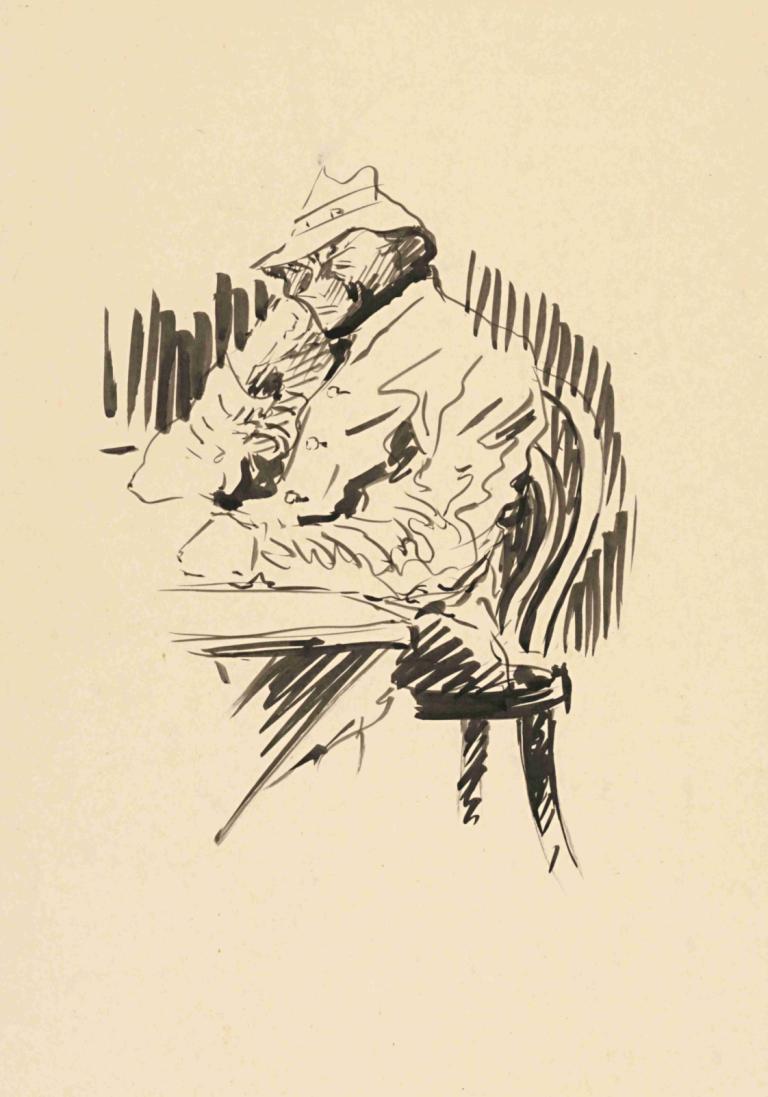 At the table (Study),Arnold Peter Weisz-Kubínčan,Sketch,Sketch, monochrome, solo, male focus, 1boy, sitting