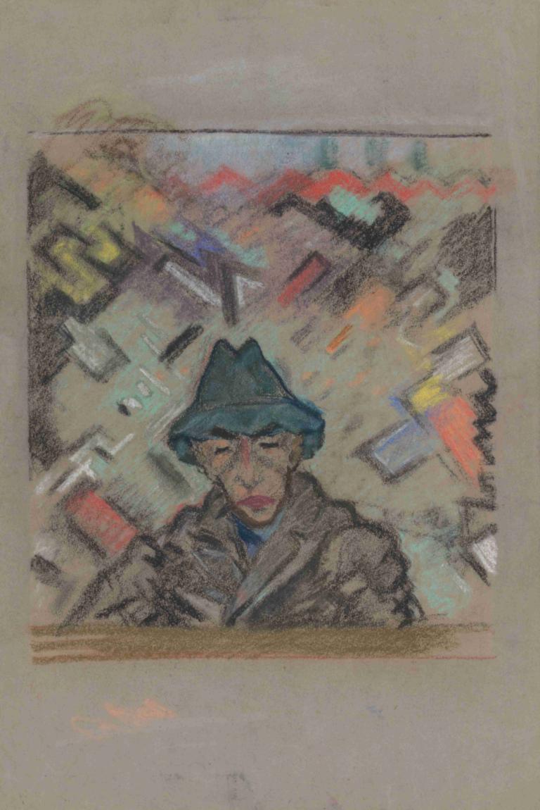 Bust of a Man in a Hat with Decorative Background,Arnold Peter Weisz-Kubínčan,Pastel,Pastel, 1boy, hat