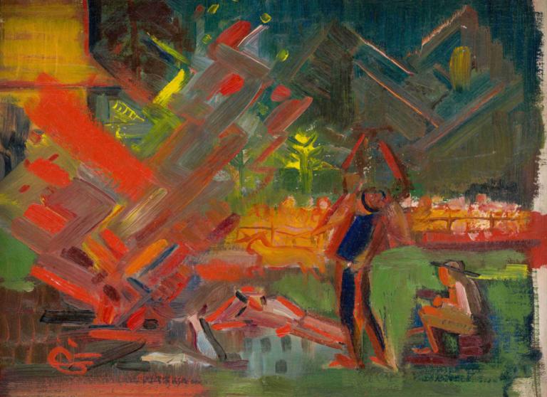 By the Campfire,Ved lejrbålet,Arnold Peter Weisz-Kubínčan,Arnold Peter Weisz-cubansk,Pastel,Pastel