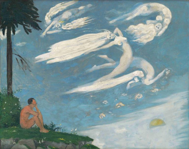 Composition,Arnold Peter Weisz-Kubínčan,Pastel,Pastel, tree, cloud, 1boy, sky, nude, outdoors, sitting