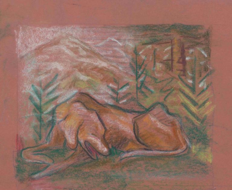 Dog in the Woods,Hund i skoven,Arnold Peter Weisz-Kubínčan,Arnold Peter Weisz-cubansk,Pastel,Pastel, handsker