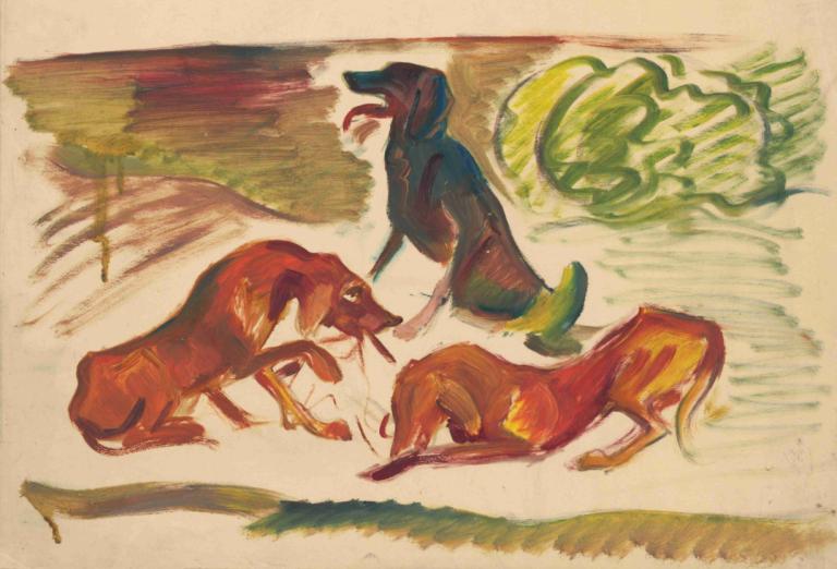 Dogs in a Landscape,Psi v krajině,Arnold Peter Weisz-Kubínčan,Pastelové,Pastelové, žádní lidé, Pes, ze strany